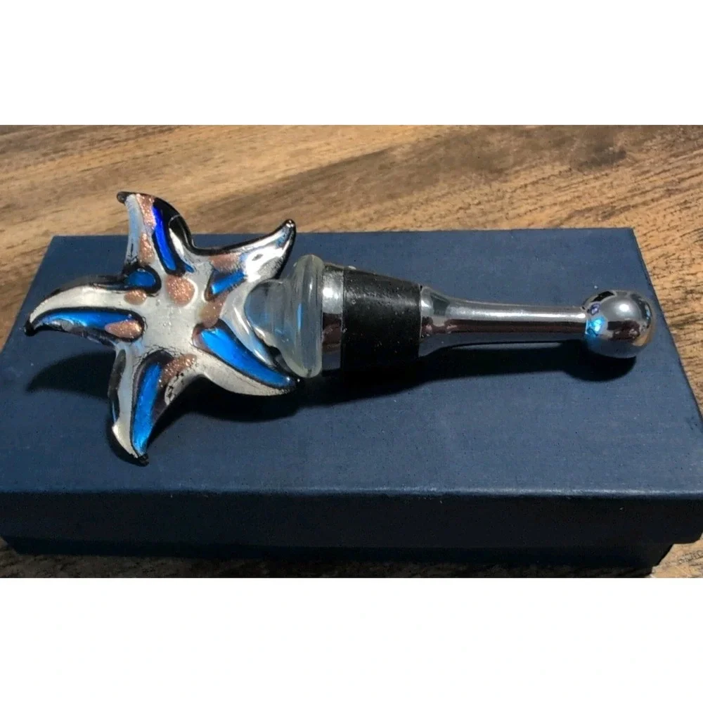 BOXED Glass Starfish/ ‎ Stainless Steel Wine Bottle Stopper Handcrafted
